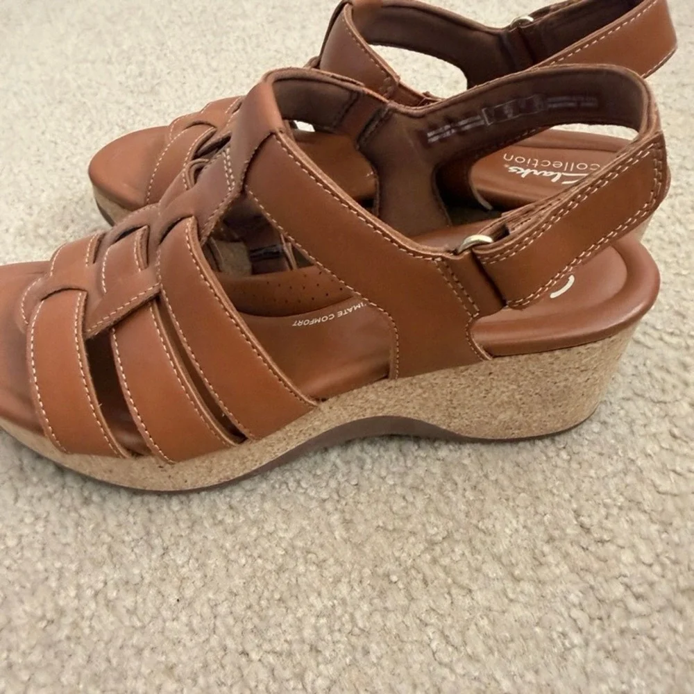 Clarks Collection Women x Jane Leather Tan Brown Strappy Wedge Sandals 9.5 M